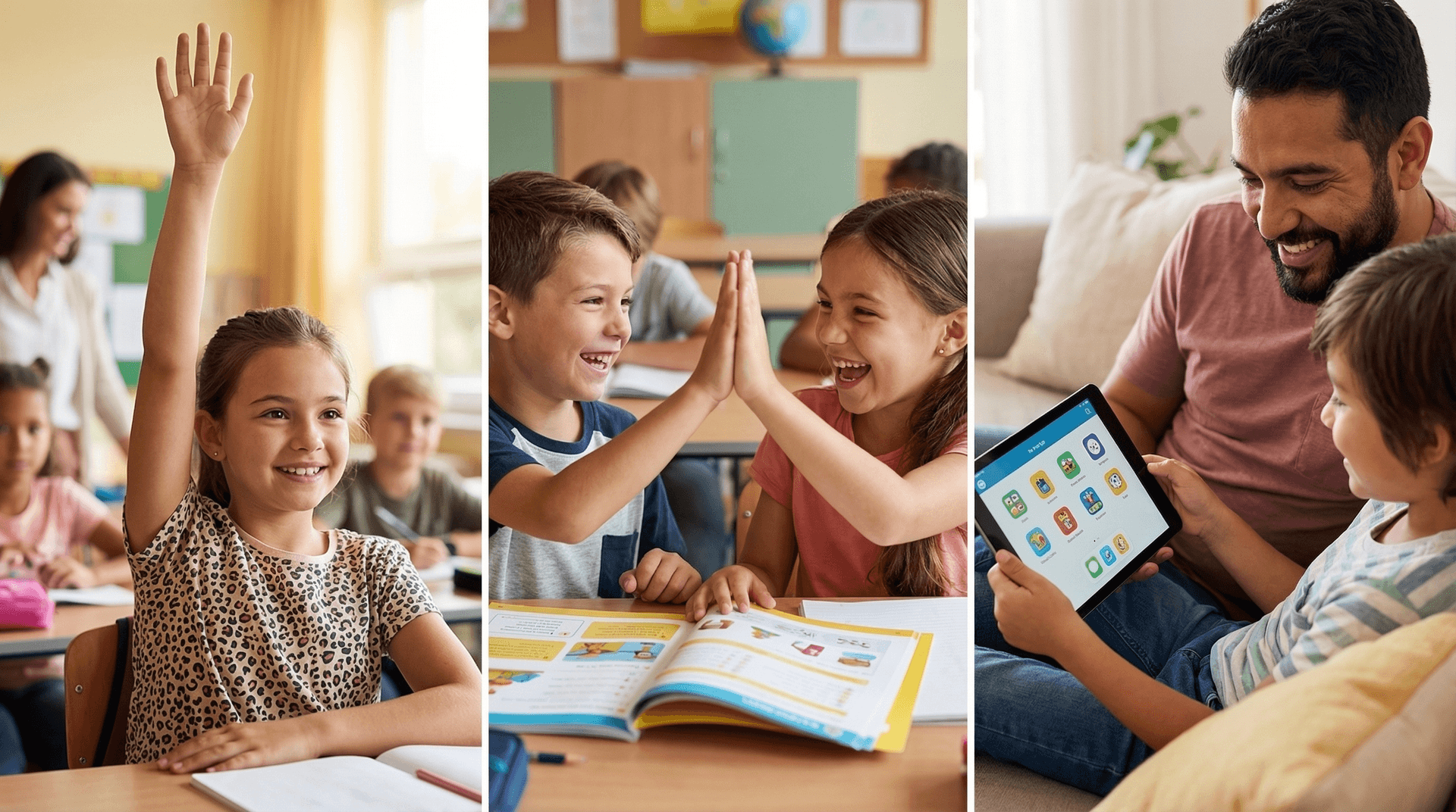 Kids learning confidently, collaborating on workbooks, and parents tracking progress together
