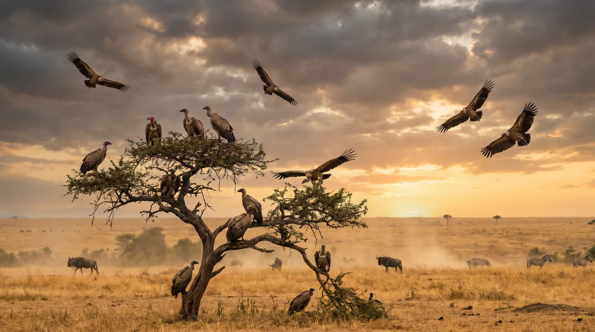 Vultures soaring over a savanna