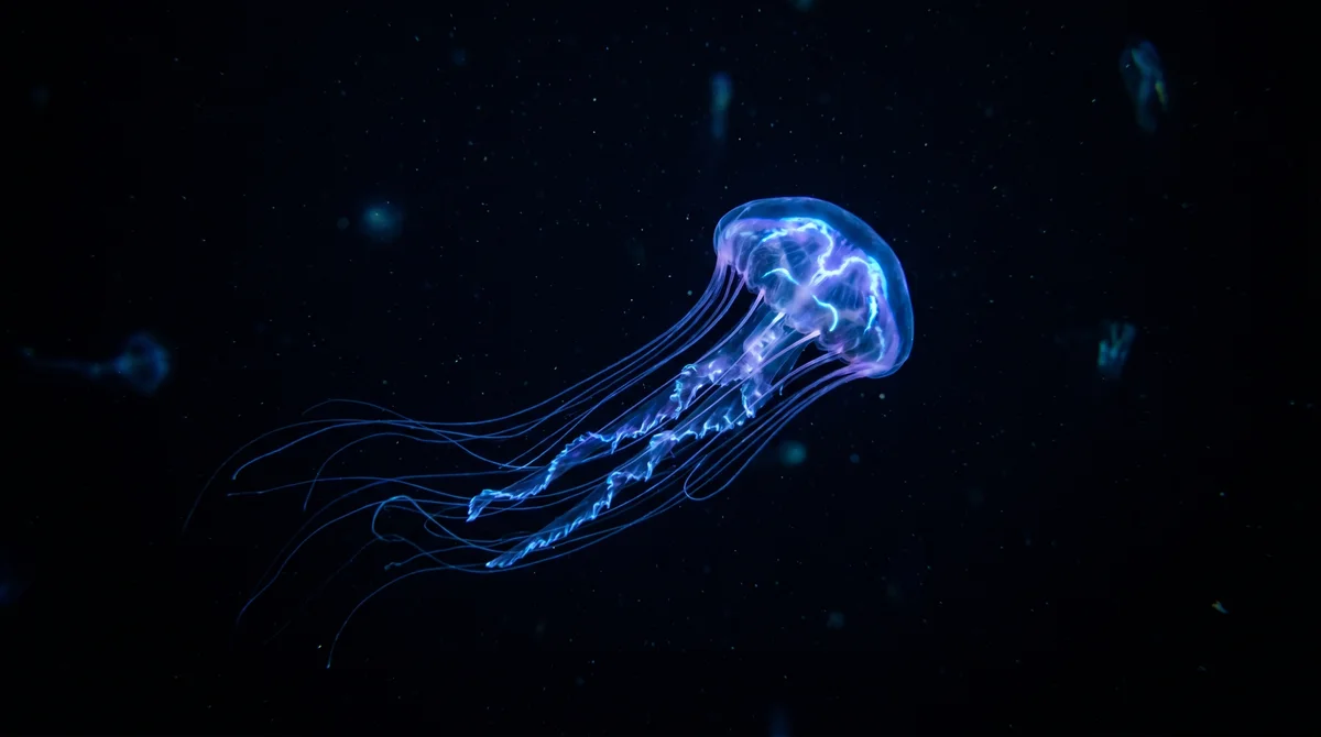 A glowing jellyfish in the dark deep ocean