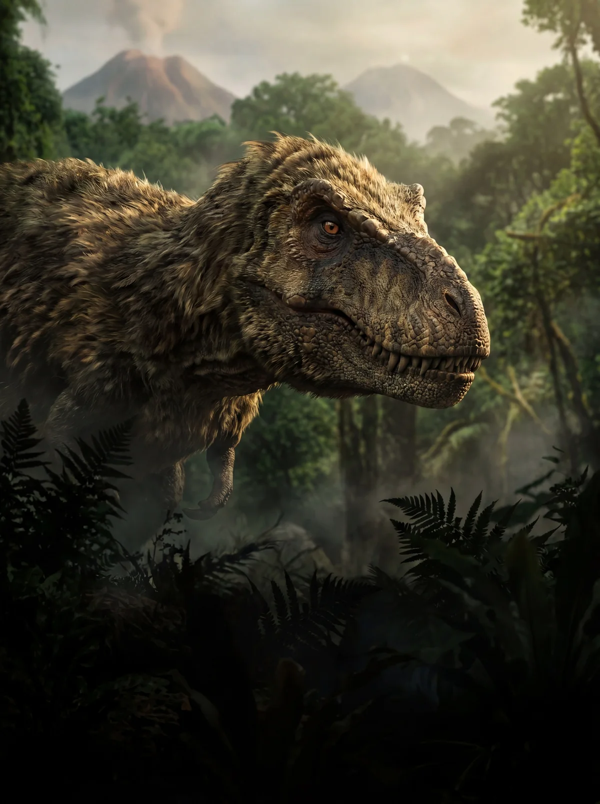 A feathered tyrannosaur in a misty prehistoric forest