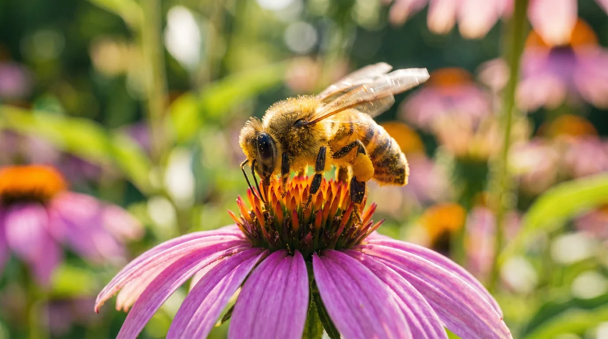A honeybee on a flower, showing six legs and three body parts