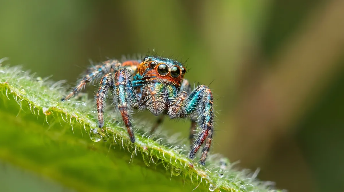 A close-up of a jumping spider showing eight legs and two body parts