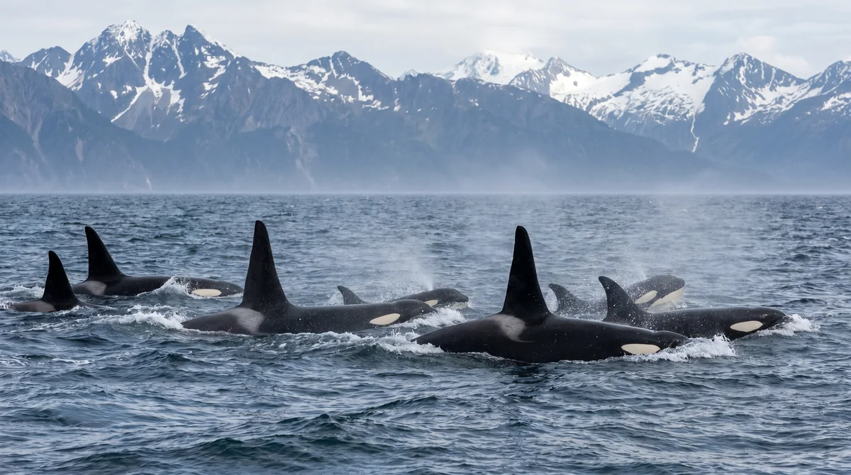 A pod of orcas surfacing in the ocean