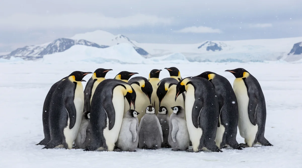 A huddle of emperor penguins with chicks in Antarctica