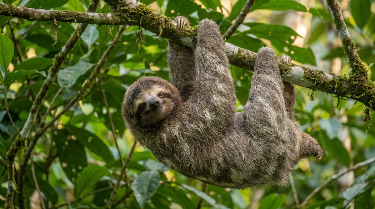 A sloth hanging in the rainforest canopy