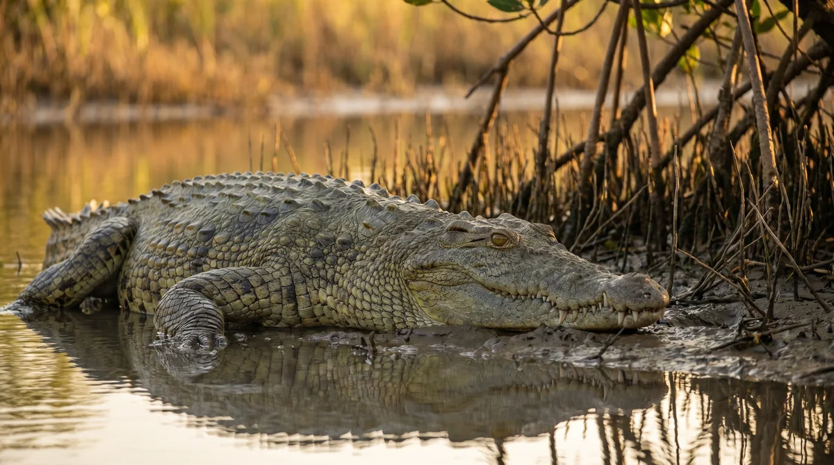 A saltwater crocodile resting at the water's edge