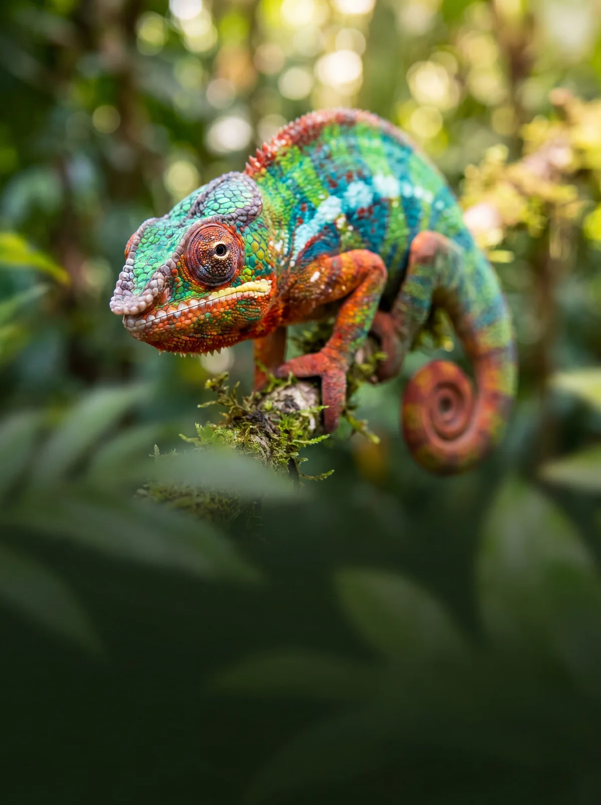 A brightly coloured chameleon gripping a branch