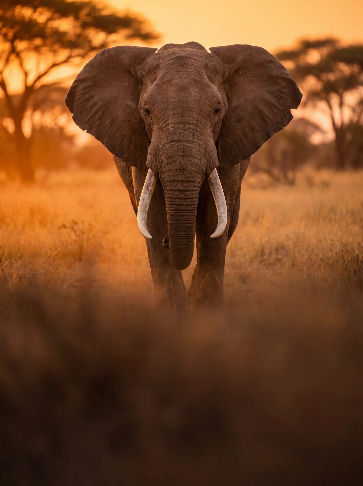 African savanna with large animals at golden hour
