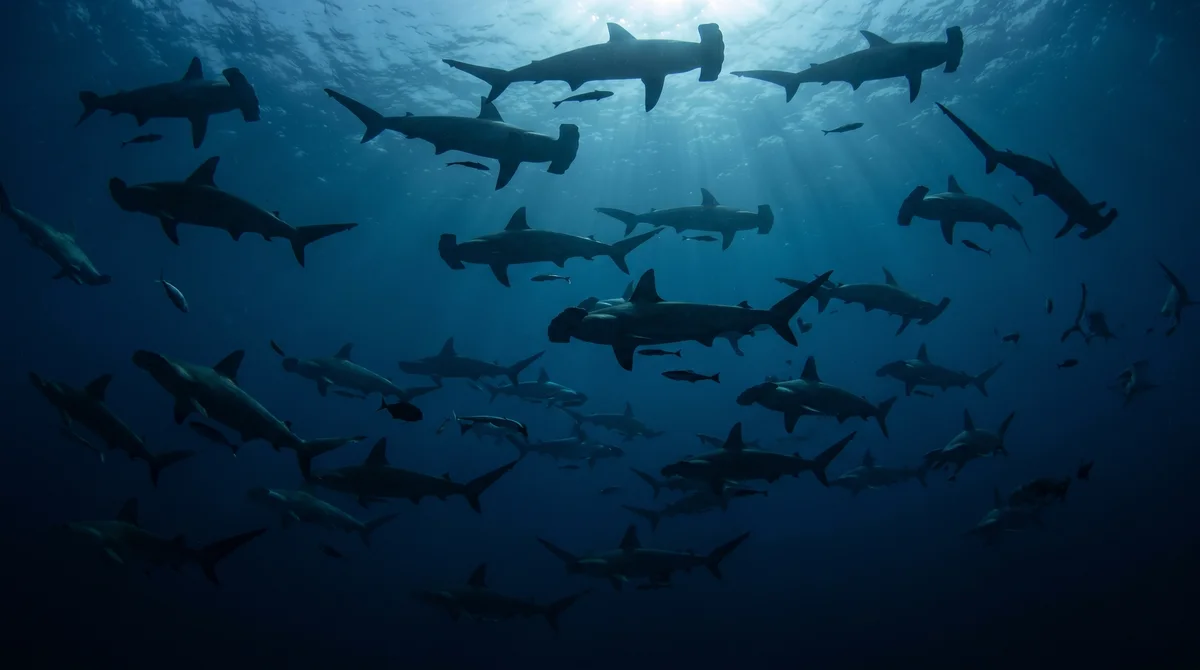 A school of hammerhead sharks in deep blue water