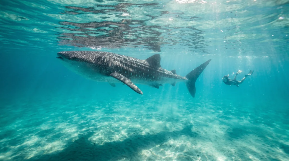 A gentle whale shark swimming beside a snorkeler