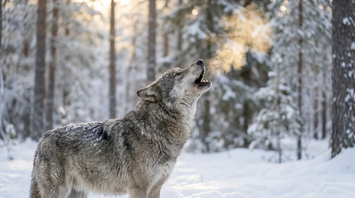 A grey wolf howling with its head raised