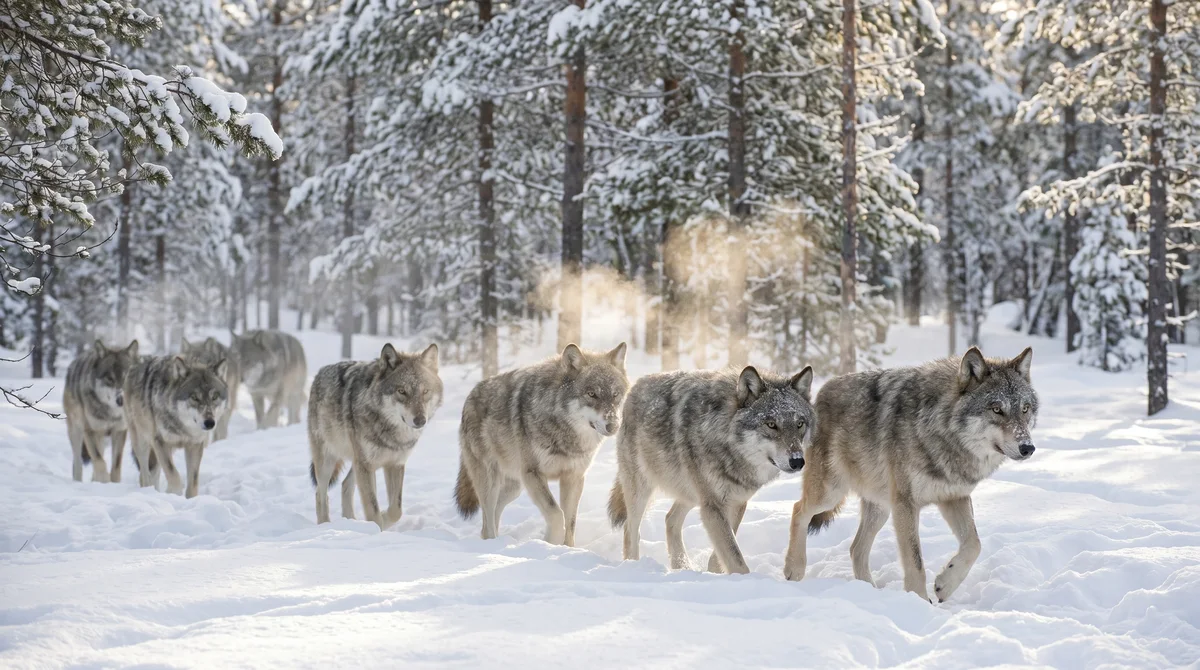 A pack of wolves in snowy forest
