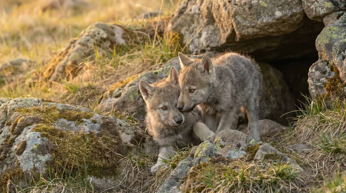 Two grey wolf pups playing near a den